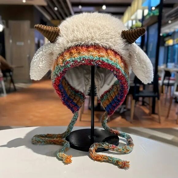 Handmade Fuzzy Horned Ram Winter Hat Animal Ear Fluffy Beanie - Picture 1 of 2